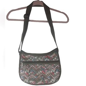 LeSportSac Classic Hobo crossbody brown pink green floral zip closure n pockets